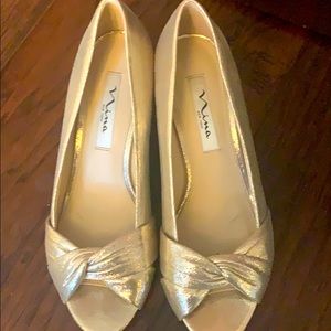 Nina New York Gold Peep Toe Wedges